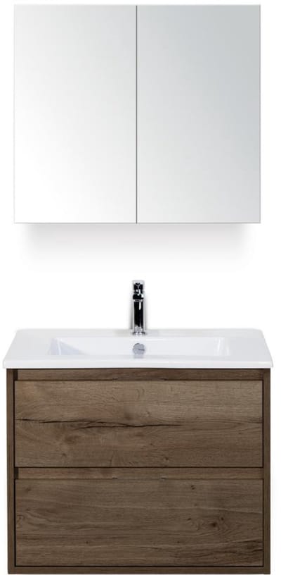 Porto Badmeubelset 70 cm - Tabacco - Keramische Wastafel Wit Slim met Spiegelkast