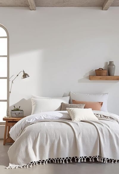 Famanu – Beddensprei in wafellook - Urban Loft - extra groot 220 x - 100% katoen - Oeko - Tex - sprei voor bank - stoel en bed - sofadeken - wollen deken - woondeken (The Urban Loft) (Pearl)