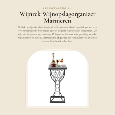 Dailygoods- Wijnrek met marmeren tafelblad - Wijnopslagorganizer - Metalen meubel - Voor 11 flessen - Stevig en duurzaam - Makkelijk schoon te maken - Wijnopslag