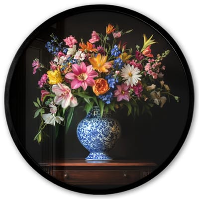 Poster in lijst Rond - Fotolijst 40x40 cm - Posters - Kleur - Vaas - Bloemen - Boeket - Ronde posterlijst zwart - Decoratie - Wanddecoratie woonkamer - Muurdecoratie slaapkamer