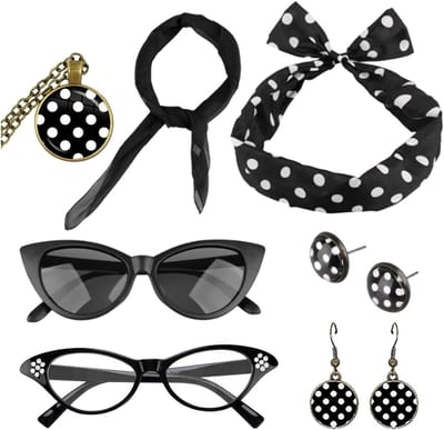 7-delig Kostuumaccessoire Set - Vintage 50s Stijl voor Vrouwen met Cat-Eye Bril, Gehaakte Oorbellen en Rockabilly Haarband