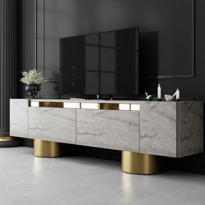 Asir - TV-standaard - Travertijn, Goud - 100% met melamine gecoat spaanplaat - 35 x 180 x 10 cm