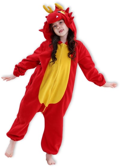 BoefieBoef Dieren Onesie Chinese Draak voor Kinderen 9-12 Jaar – Pyjama Dieren Verkleedpak – Warme Flanel Jumpsuit met Capuchon – Knuffelpak & Huispak – Zwemles – Carnaval, Halloween & Sinterklaas Cadeau – Jongens & Meisjes - Rood Geel