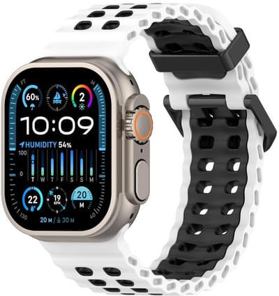 Siliconen bandje - geschikt voor Apple Watch series 1/2/3/4/5/6/7/8/9/10/11/ SE (1,2,3) / Ultra (1,2,3) met maat 44 mm / 45 mm / 46 mm / 49 mm - ocean stijl met gesp - wit zwart