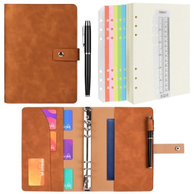 Dailygoods - A5 Ringband Notitieboek PU-Lederen Dagboek, Navulbaar Notitieboek met A5 Stippelpapier & Binnenzakken & Indexverdeler, Spiraalvormig Journaal voor Reizen, Werk, School en Persoonlijke, Bruin