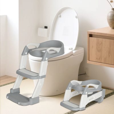 Toilettrainer met Trapje - 2-in-1 WC Verkleiner - Potje Peuter - Opvouwbaar met Opstapje - Toiletverkleiner - 2 tot 7 Jaar - Draagbare Toilet - Vrijstaand Toilet Kinderen - Grijs