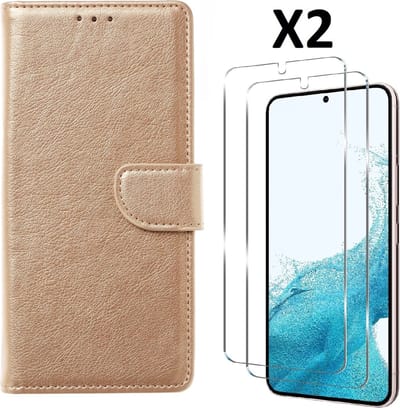 Hoesje Geschikt Voor Samsung Galaxy S23 Plus Hoesje met Pasjeshouder - bookcase – Met 2x Screenprotector / gehard glas – Goud