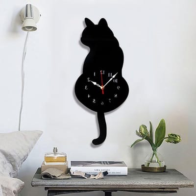 Wandklok met Katten en Wapperende Staart - Acryl Klok voor Woonkamer, Slaapkamer en Keuken Decoratie - 42cm x 18cm Zwart