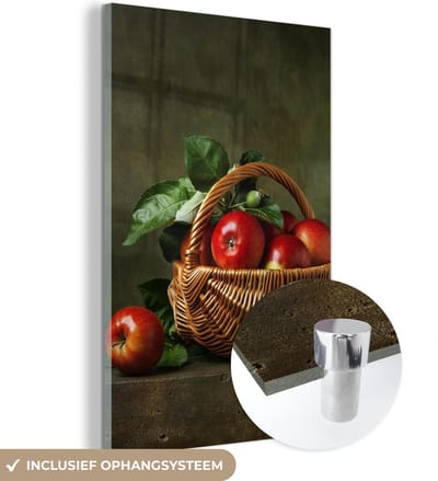 MuchoWow® Glasschilderij 120x180 cm - Schilderij acrylglas - Rustiek - Appel - Fruit - Rood - Mand - Stilleven - Foto op glas - Schilderijen