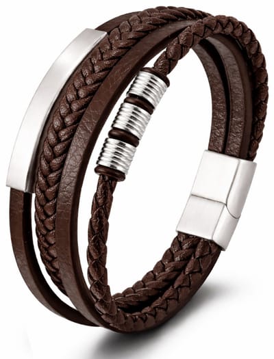 Armband Heren - Bruin Leer met Zilver kleurige Accenten - Dubbel Gevlochten - Leren Armbanden - Papa Cadeau Voor Mannen - Vaderdag