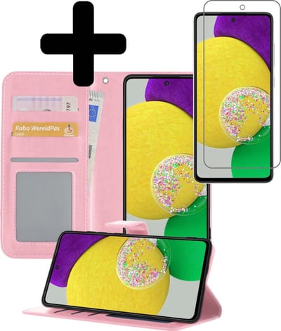 Hoesje - Met Screenprotector - Geschikt voor Samsung Galaxy A52s 5G - Luxe Pasjeshouder - Bookcase Portemonee - Flip Case - Kunstleer Book Case - Flipcase - Book Cover - Walletcase - Portemonneehoes - Telefoonhoesjes - Lichtroze