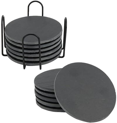 Set van 12 Leisteen Coasters met Houder, Zwarte Steen Onderzetters, 10cm Rond, Duurzaam en Stijlvol