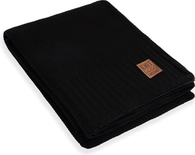 Knit Factory Lynn Gebreid Plaid - Wollen deken met teddy voering - Teddy deken - Woondeken - Kleed - plaid - Zwart - 160x130 cm