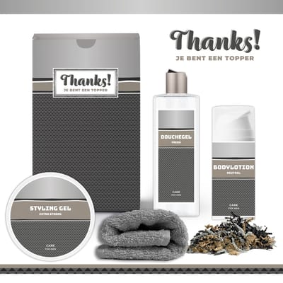 Geschenkset "Thanks! Je bent een topper" - 4 Producten - 600 Gram - Triomf Cosmetica | Giftset voor hem Luxe cadeaubox man Bodylotion Douchegel Styling gel Vader Wellness Pakket Cadeau set Bedankt Thank You Broer Vriend Collega Zilver