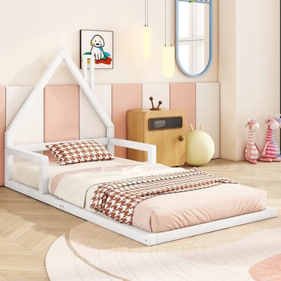Gutent Kinderbed, Wit (Zonder matras), 90x200 cm, Plat bed, Huisvorm, Massief grenen, eenvoudige vorm, adolescentenbedden