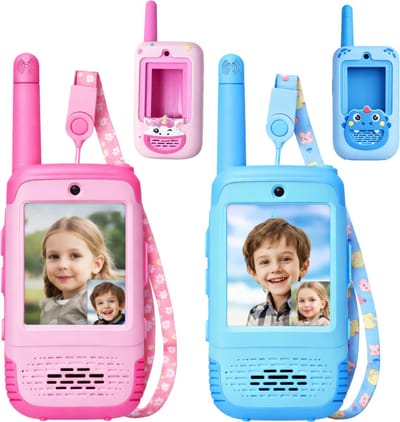 TinyPlay - Video Walkie Talkie voor kinderen met siliconen beschermhoes - Met HD video & camera - Walkietalkies - blauw/roze