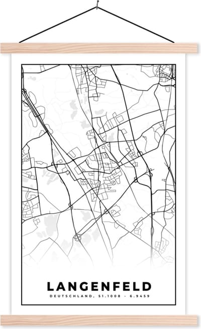 Posterhanger incl. Poster 40x60 cm - Schoolplaat - Langenfeld - Plattegrond - Stadskaart - Kaart - Textielposter - Blanke latten - Stadskaart