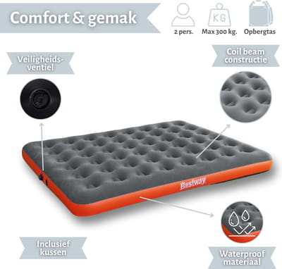 Bestway luchtbed - 2-Persoons - 152x203x22 cm (BxLxH) - Grijs/Oranje - Inclusief 3-in-1 opbergtas