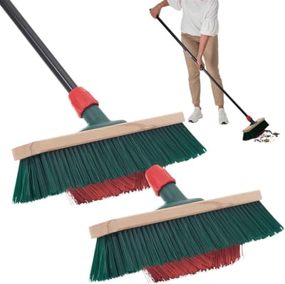 Novaliv 2x tuinbezem 40 cm met steel V-borstels Elaston borstels bezem buitenstraatbezem met steel harde borstels terrasbezem tuinbezem stalbezem veegbezem industriële bezem buitenbezem