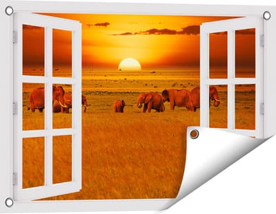 Gards Tuinposter Doorkijk Olifanten in het Wild - Zonsondergang - 60x40 cm - Tuindoek - Tuindecoratie - Wanddecoratie buiten - Tuinschilderij