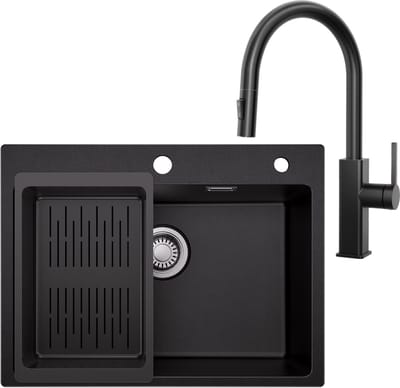 SOFETIY MAX spoelbak Keuken 60x45cm Antraciet - Granieten spoelbak Met Uittrekbare Uitloop Keukenkraan - Spoelbakken met afdruip - Enkele spoelbak Met Afdruiprek - Antraciet