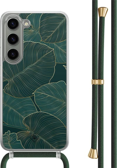 Casimoda® hoesje met groen koord - Geschikt voor Samsung S23 - Monstera Leaves - Afneembaar koord - TPU/polycarbonaat - Zwart