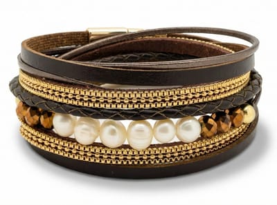 Armband Dames Bruin- Leren Wikkelarmband Galeara design Perla 20,5cm met Parels Goudkleurig