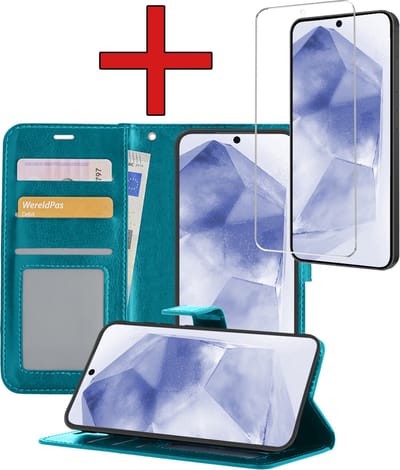 Hoesje - Met Screenprotector - Geschikt voor Samsung Galaxy A55 - Luxe Pasjeshouder - Flipcase - Bookcase Portemonee - Flip Case - Kunstleer Book Case - Book Cover - Walletcase - Portemonneehoes - Telefoonhoes - Turquoise