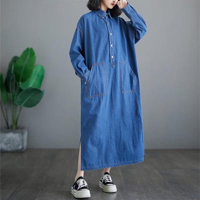 Grote Maten Herfst Dames Denim Jurk Casual Vintage Losse Oversized Jurk Lange Mouw Basic Effen Blauw 3XL blauw