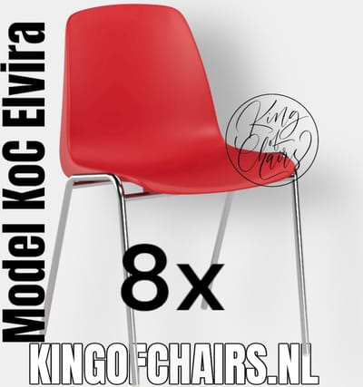 King of Chairs -set van 8- model KoC Elvira rood met verchroomd onderstel. Kantinestoel stapelstoel kuipstoel vergaderstoel tuinstoel kantine stapel stoel kantinestoelen stapelstoelen keukenstoelen arenastoel Helene schoolstoel eetkamerstoelen