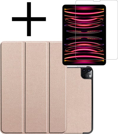 Hoes - Geschikt voor Apple iPad Pro (2022) - 11 inch - 4e generatie - Met Screenprotector - Trifold Bookcase - Hard Cover - Hardcover Book Case - Tablet Hoesje - Goud