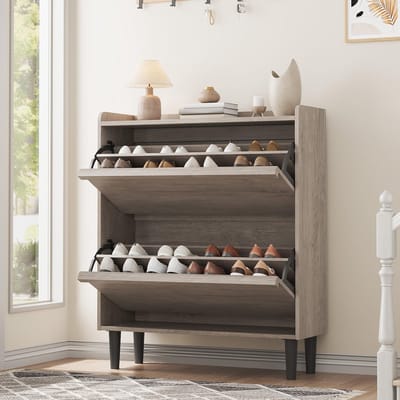 Smal Schoenenkast 2 Kleppen Voor 12-16 Paar Schoenen - 87x26x95cm - Schoenenrek - Schoenenmeubel Hout - Verstelbare Planken - Minimalistisch - Ruimtebesparend - Voor Hal Woonkamer - Grijs