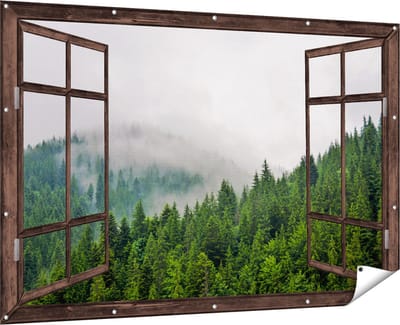 Gards Tuinposter Doorkijk Groen Bos met Bomen tijdens de Mist - 180x120 cm - Tuindoek - Tuindecoratie - Wanddecoratie buiten - Tuinschilderij