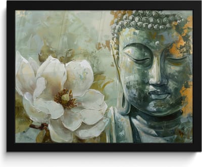 Poster in lijst - Fotolijst 40x30 cm - Posters - Boeddha - Groen - Lotusbloem - Wit - Posterlijst zwart - Decoratie - Wanddecoratie woonkamer - Muurdecoratie slaapkamer