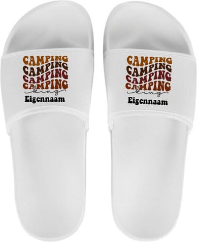 Slippers voor hem - Persoonlijke slippers met naam - Camping King - Wit - Schoenmaat 39/40