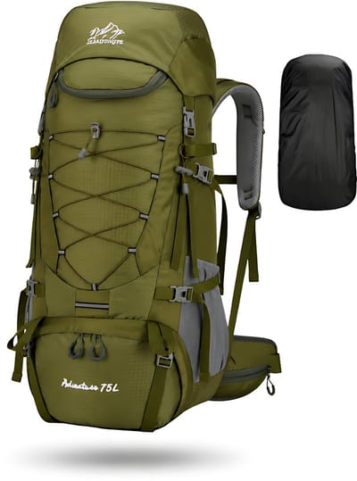 CarryQuest® 75L Campingrugzak - Waterdichte Travel Backpack met Regenhoes, Schoenenvak, Laptopvak & Rugventilatie - Groen