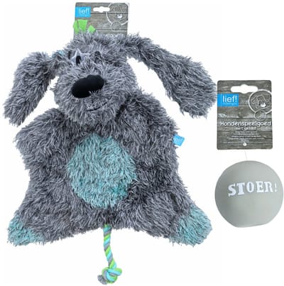 lief! Boys Hondenspeelgoed Set – Pluche Hond XXL met Piep + Latex Bal met Geluid – 45x35 cm – Grijs/Groen – Puppy & Hond Speelgoed - Grijs