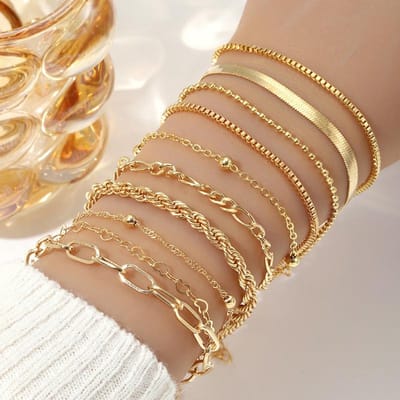10 Stuks Vintage Statement Goudkleur Platte Slangenketting Doosketting Armband Boho Meerlaagse Metalen Armband Dames Zomer Sieraden brown