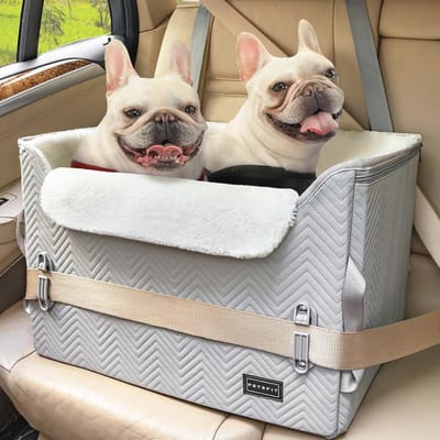 Hondenautostoeltje voor Middelgrote Honden tot 12kg - Veilig Hondenstoeltje met Veilige Bevestiging en Plush Kussen, Leer, Grijs