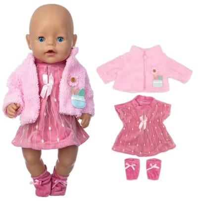 Warme Roze Jurkje set - “Geschikt voor Baby Born” - met Slofjes - Accessoire en kleertjes voor je 36 + 43 cm Baby Born Pop