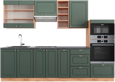 Vicco Fame-Line Complete keukeneenheid – 280 cm, WB Antraciet Groen-Goud Land/Goud Power Eik
