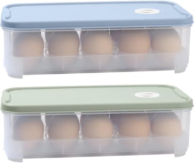 Set van 2 Eierdozen – Stapelbare Koelkast Eierhouder voor 10 Eieren – PP Plastic, Transparant, Duurzaam en Beschermend – Blauw & Groen