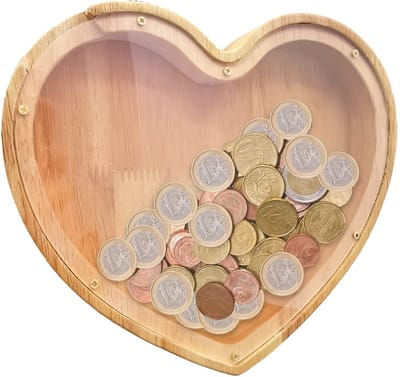 Dailygoods- Spaarpot Houten - Gepersonaliseerd Hartvormig - Transparant Venster - Decoratie voor Slaapkamer - Opberger voor Munten - Geschikt voor Kinderen - Besparingspot