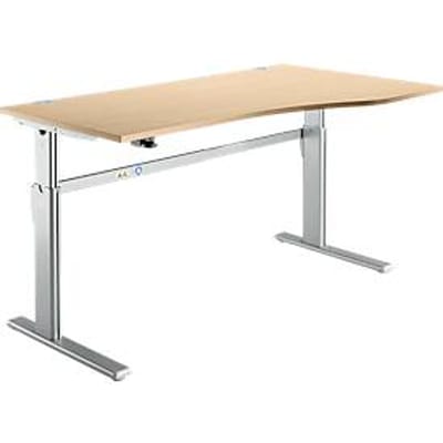 Standaard bureau, elektrisch in hoogte verstelbaar, vrije vorm, bevestiging rechts, C-poot, B 1800 x D 1000/800 x H 725-1185 mm, ahorn/blank aluminium