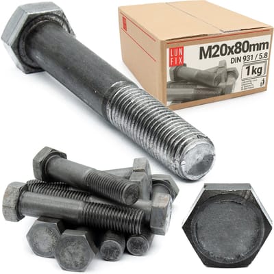 LUN FIX - Zeskantschroeven M20 x 80 - 1 kg (ca. 4 stuks) - DIN 931 Volledige schroefdraad - verzinkt staal
