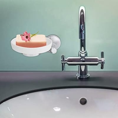 Wandgemonteerde zeepdispenser met schotelhouder, chroom en roestvrij staal, modern rond ontwerp, 6,5 inch voor badkamer en keuken, handig en stijlvol