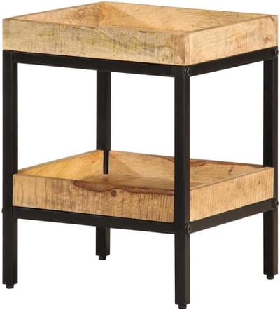 Bijzettafel met plank - Opbergtafel accenttafel - Woonkamer decoreren - Massief mangohout staal - 35 x 35 x 45 cm