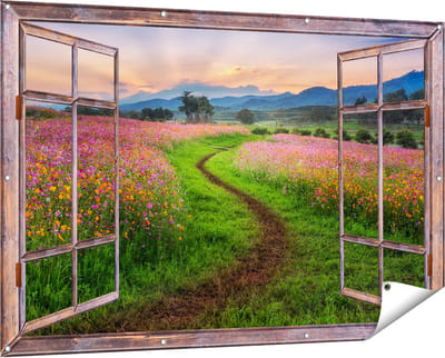 Gards Tuinposter Doorkijk Kosmos Bloemenveld met een Pad - Bloemen - 150x100 cm - Tuindoek - Tuindecoratie - Wanddecoratie buiten - Tuinschilderij
