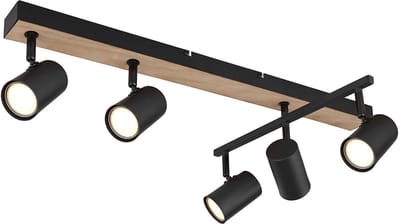 Plafondspot zwart spot plafondlamp strip 5 vlammen, metaal MDF hout look Scandinavisch, 5x GU10 stopcontacten, LxBxH 70x35x18cm