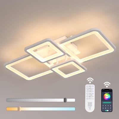 Haobosic - Moderne dimbare LED-plafondlamp 62 cm, 54 W 5400 lm plafondlamp voor woonkamer met afstandsbediening/app 3000 K-6500 K, 4 vierkante witte acryl plafondlampen voor keuken, slaapkamer en eetkamer